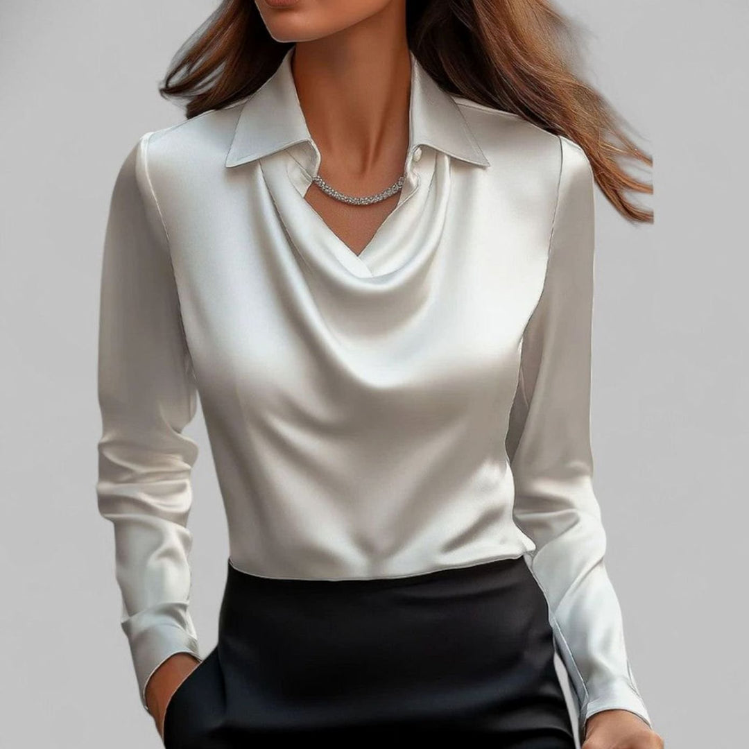 Women's Draped Cowl-Neck Long-Sleeve Satin Blouse - White
