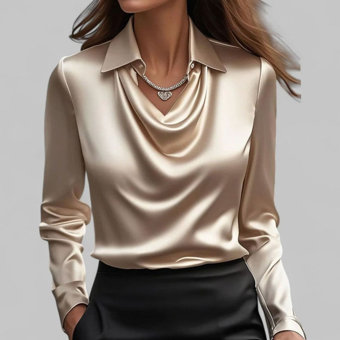 Women's Draped Cowl-Neck Long-Sleeve Satin Blouse - Champagne