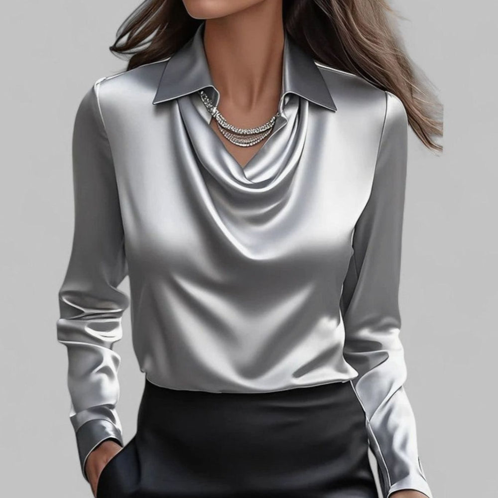 Women's Draped Cowl-Neck Long-Sleeve Satin Blouse - Grey