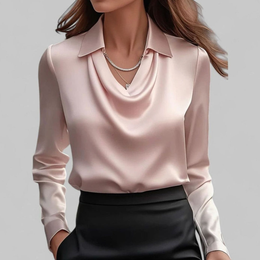 Women's Draped Cowl-Neck Long-Sleeve Satin Blouse - Pink