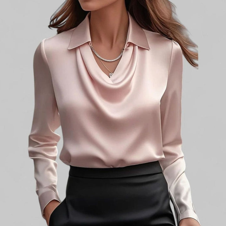 Women's Draped Cowl-Neck Long-Sleeve Satin Blouse - Pink