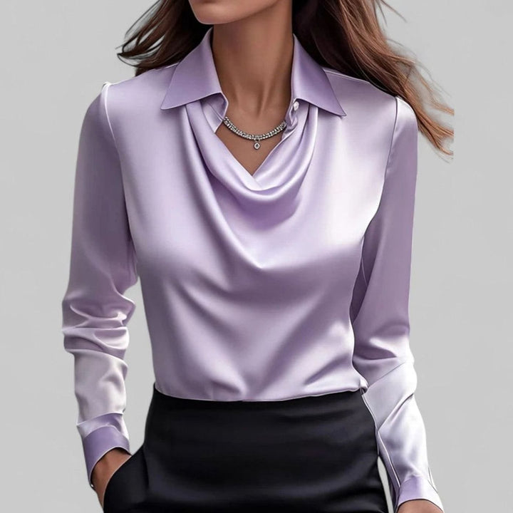 Women's Draped Cowl-Neck Long-Sleeve Satin Blouse - Purple