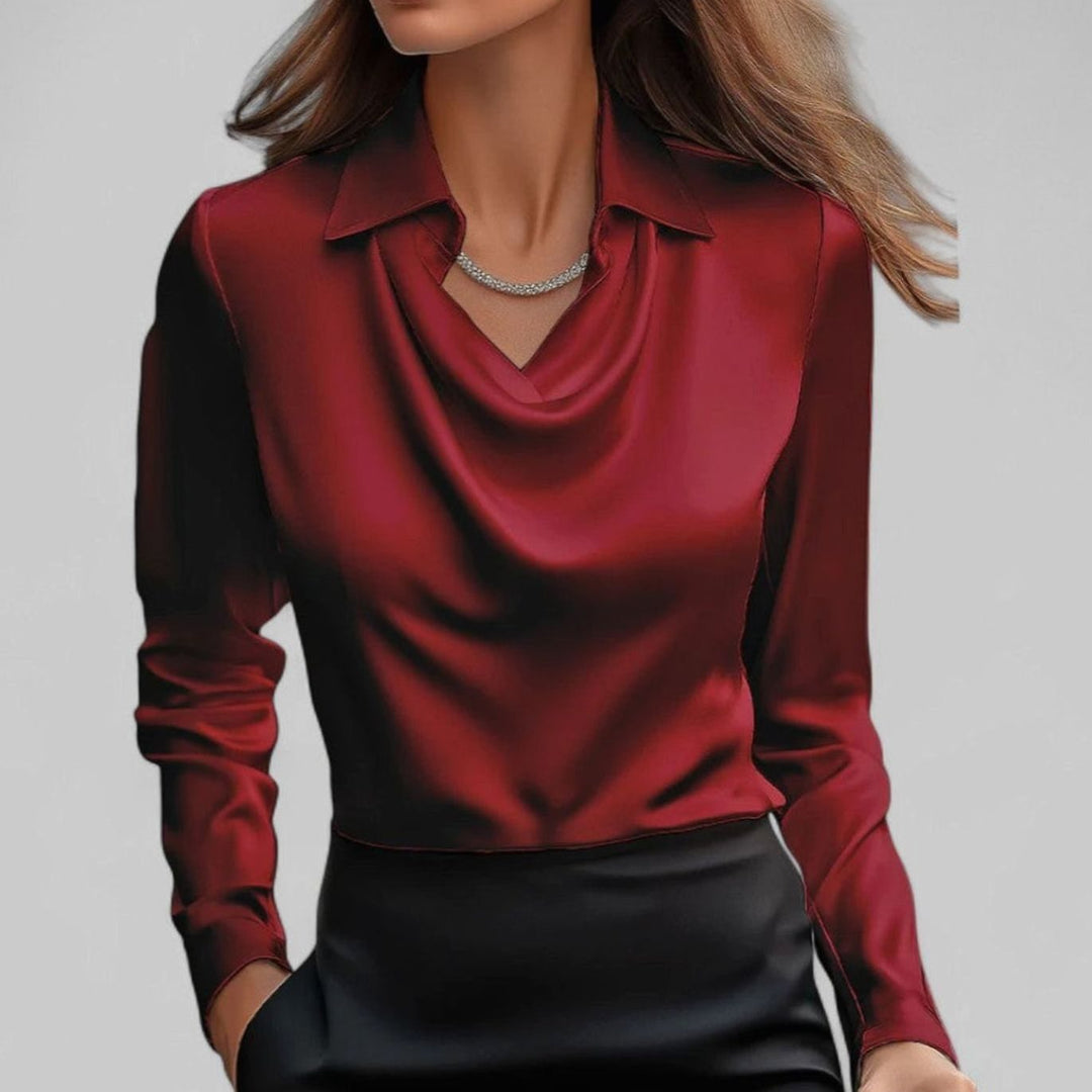 Women's Draped Cowl-Neck Long-Sleeve Satin Blouse - Red