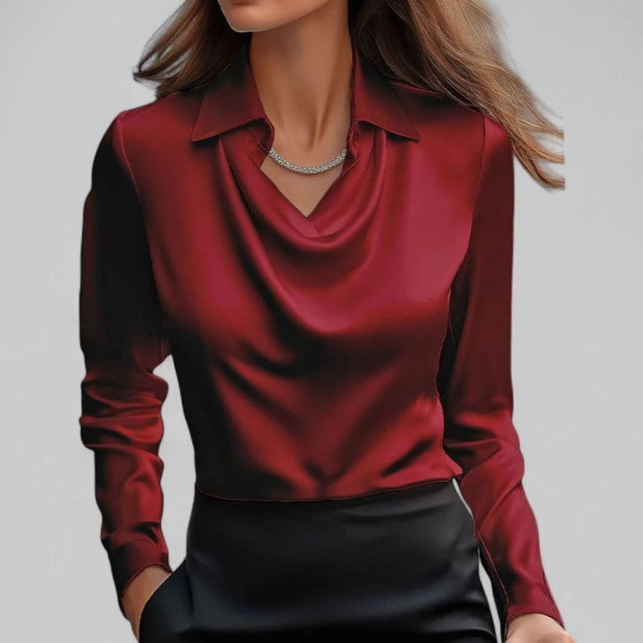 Women's Draped Cowl-Neck Long-Sleeve Satin Blouse - Red