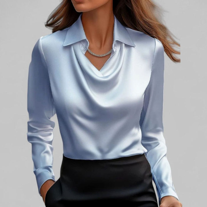 Women's Draped Cowl-Neck Long-Sleeve Satin Blouse - Blue
