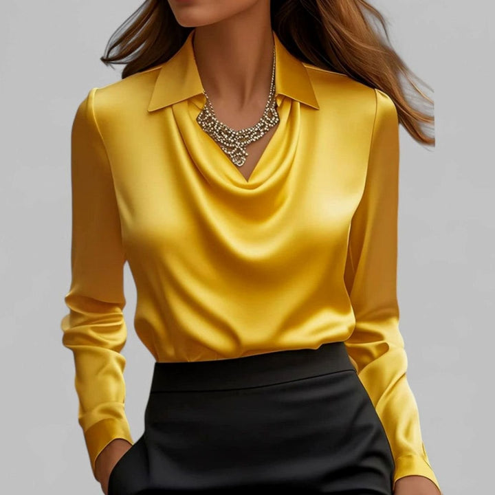 Women's Draped Cowl-Neck Long-Sleeve Satin Blouse - Yellow