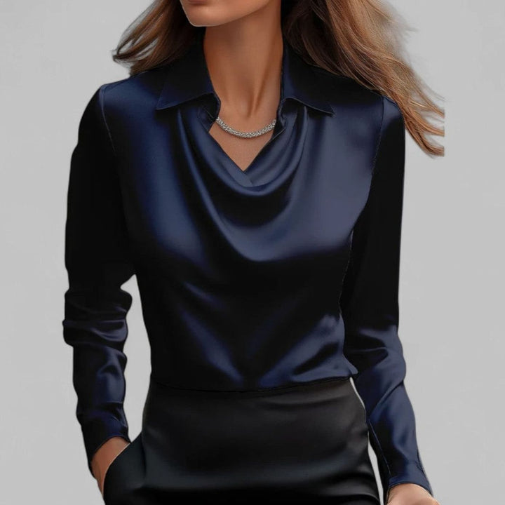 Women's Draped Cowl-Neck Long-Sleeve Satin Blouse - Navy Blue
