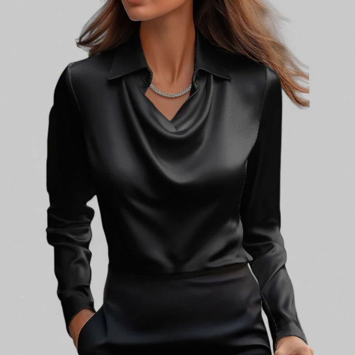 Women's Draped Cowl-Neck Long-Sleeve Satin Blouse - Black
