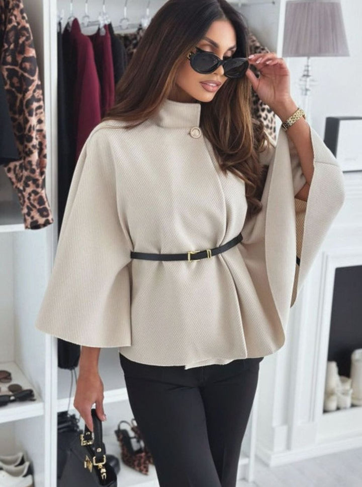 Women's Elegant Belted Cape Jacket Mock-Neck Batwing Sleeve - Khaki