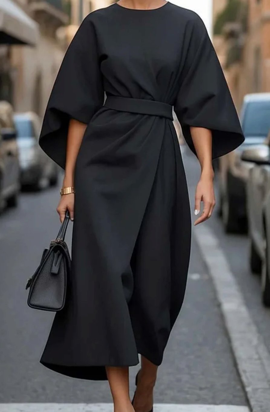 Women's Elegant Dress Lantern-Sleeve Belted Midi Formal Dress