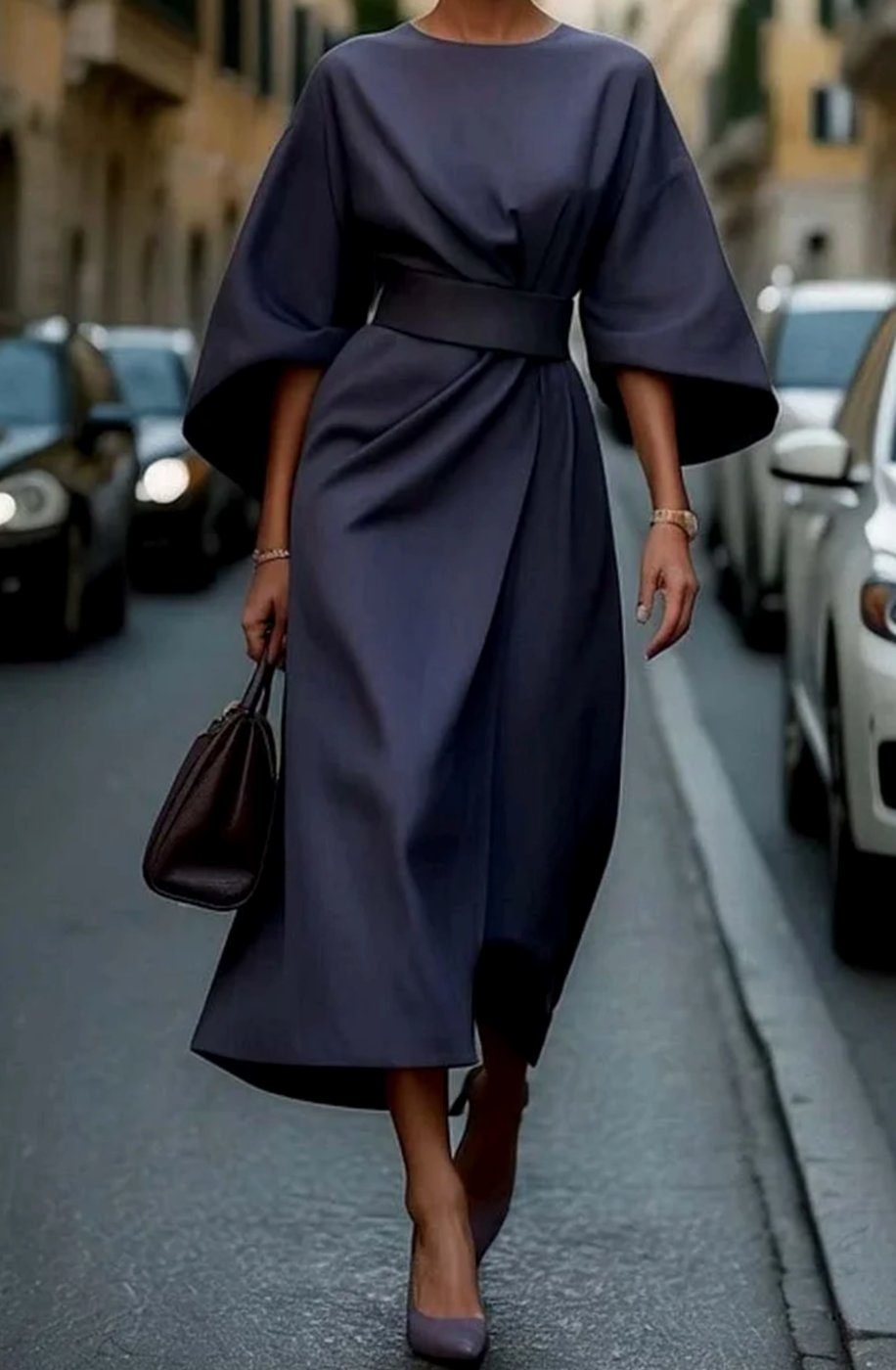Women's Elegant Dress Lantern-Sleeve Belted Midi Formal Dress - Navy Blue