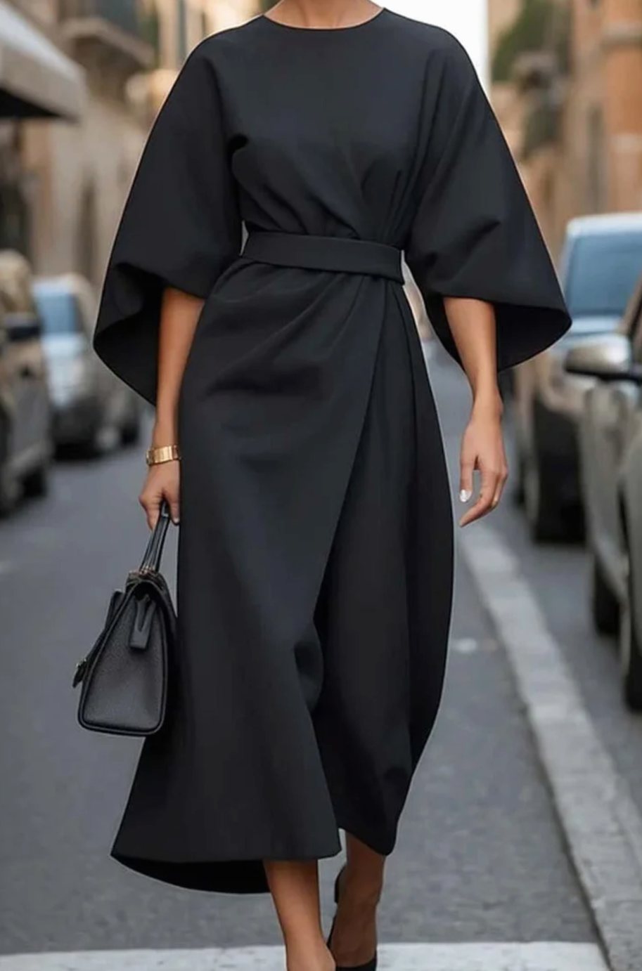 Women's Elegant Dress Lantern-Sleeve Belted Midi Formal Dress - Black