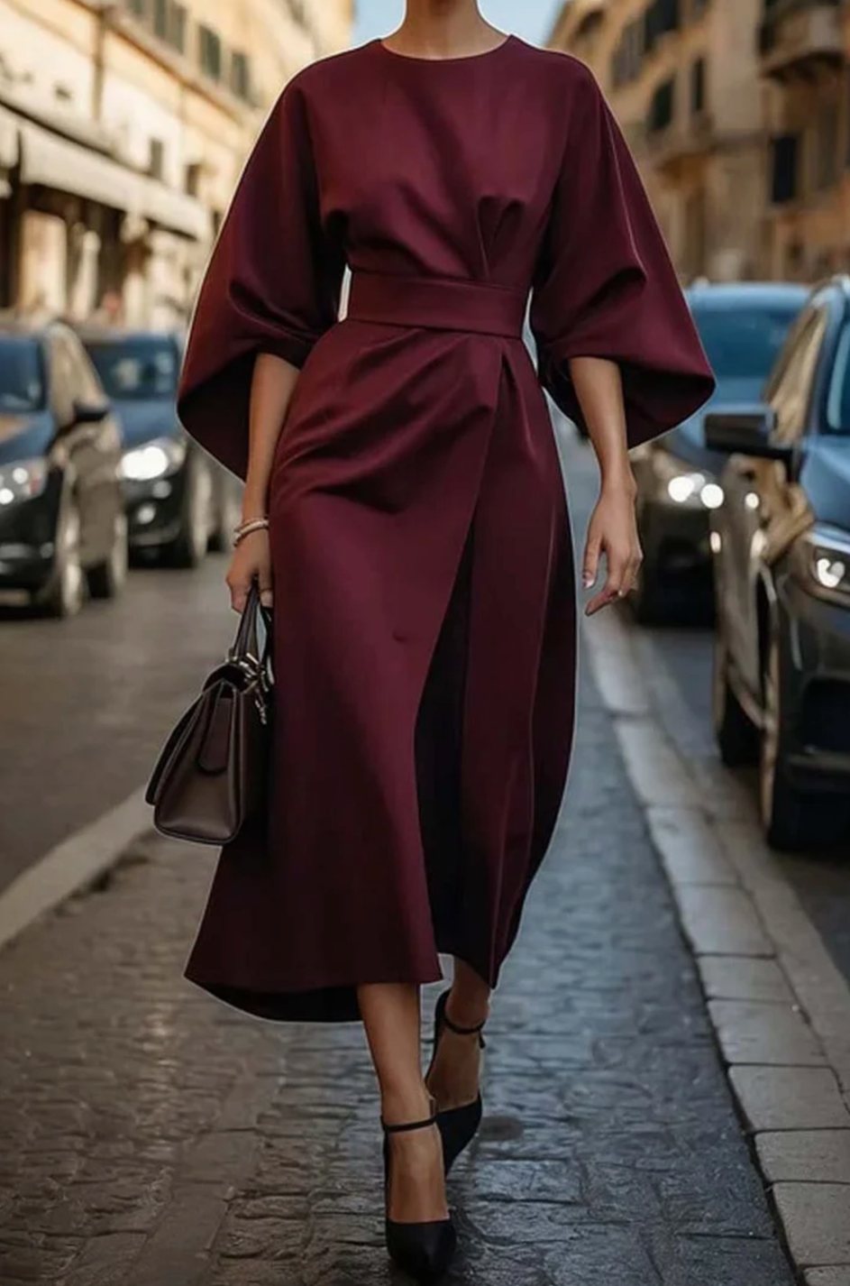 Women's Elegant Dress Lantern-Sleeve Belted Midi Formal Dress - Bordeaux Red