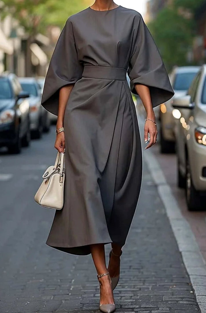Women's Elegant Dress Lantern-Sleeve Belted Midi Formal Dress - Gray
