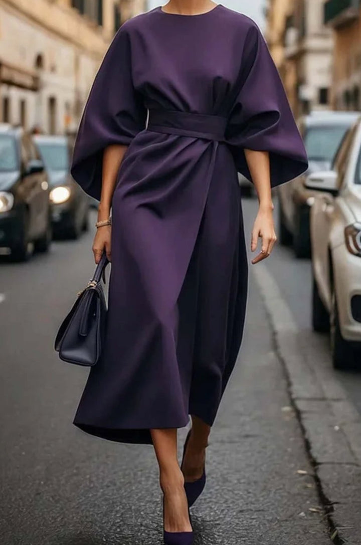 Women's Elegant Dress Lantern-Sleeve Belted Midi Formal Dress - Violet