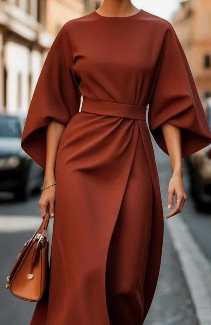 Women's Elegant Dress Lantern-Sleeve Belted Midi Formal Dress - Rust Brown