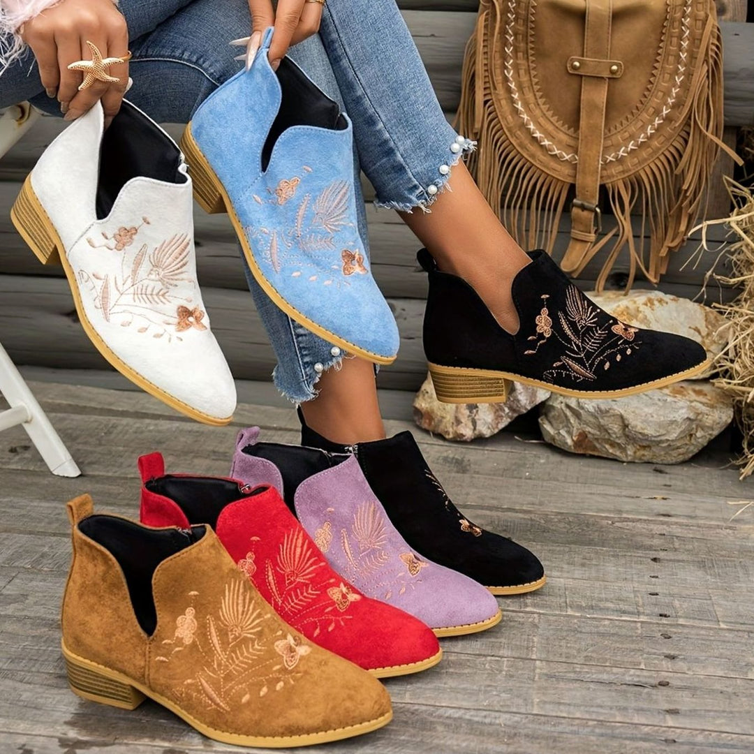 Women's Embroidered Low-Heel Pointed-Toe Ankle Boots, Multicolor