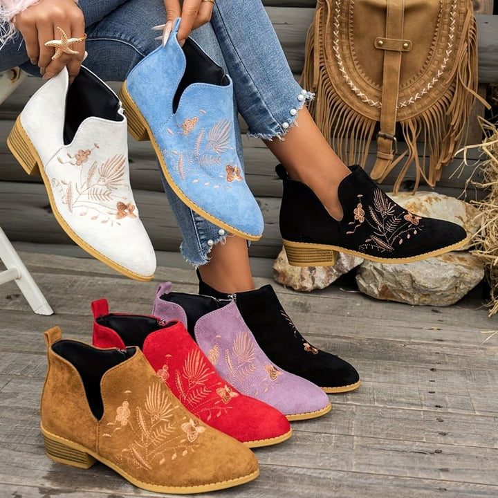 Women's Embroidered Low-Heel Pointed-Toe Ankle Boots, Multicolor