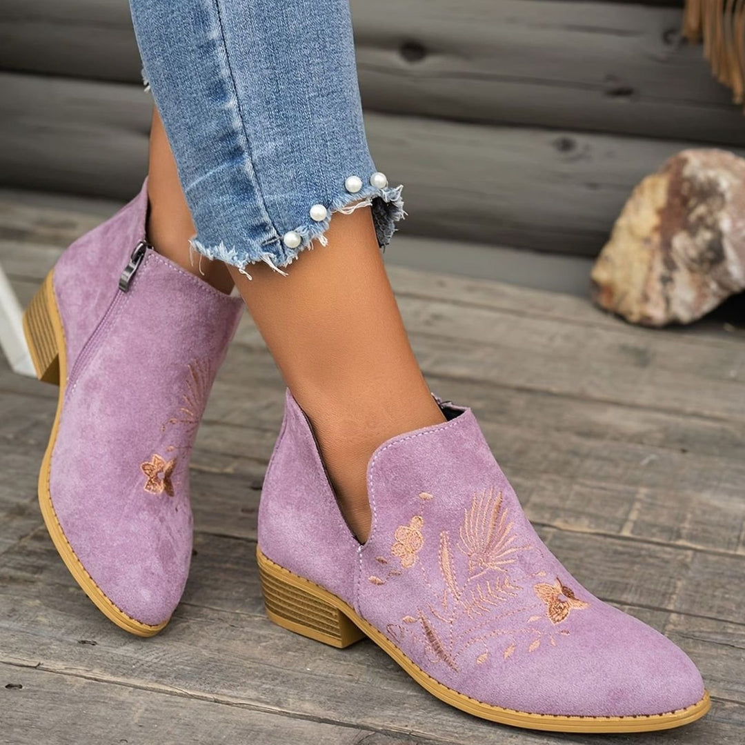Women's Embroidered Low-Heel Pointed-Toe Ankle Boots, Multicolor