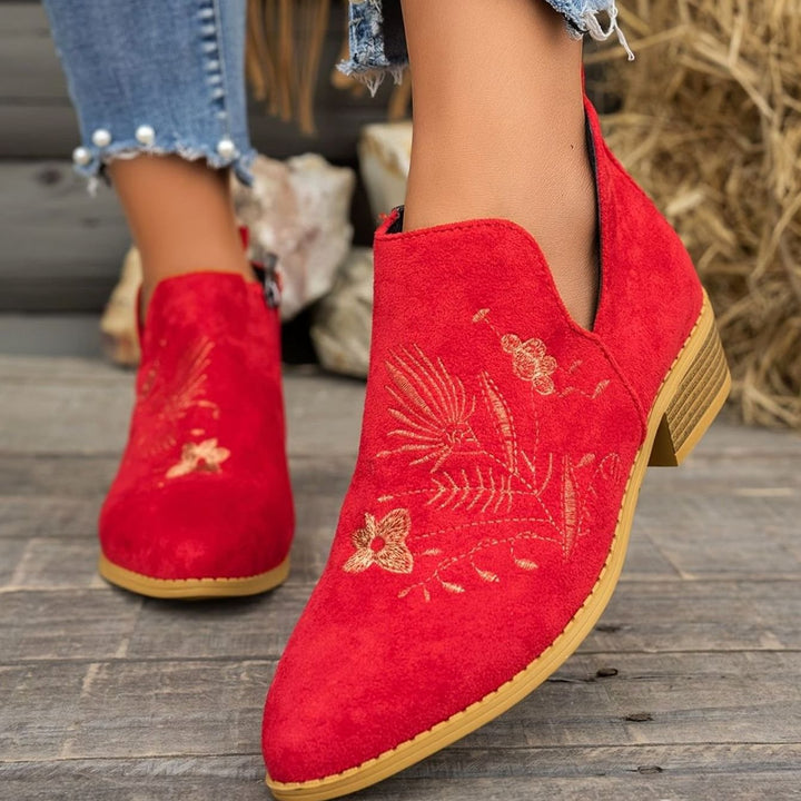 Women's Embroidered Low-Heel Pointed-Toe Ankle Boots, Multicolor - Red