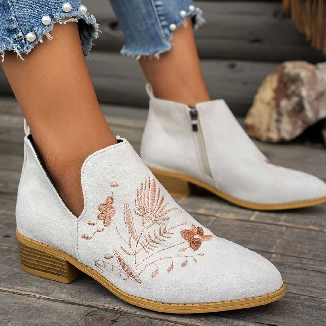 Women's Embroidered Low-Heel Pointed-Toe Ankle Boots, Multicolor