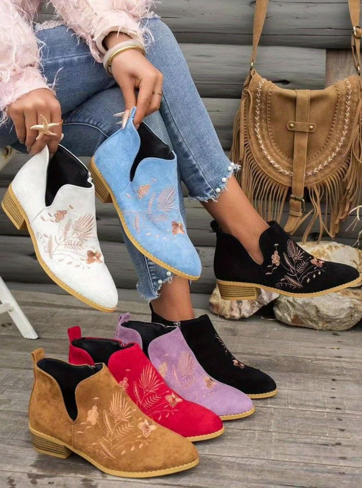 Women's Embroidered Low-Heel Pointed-Toe Ankle Boots, Multicolor