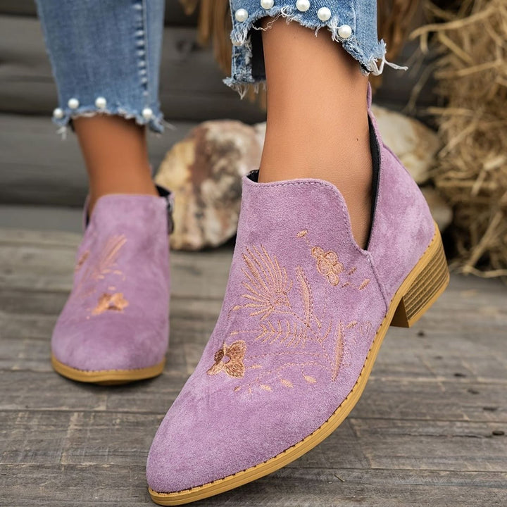 Women's Embroidered Low-Heel Pointed-Toe Ankle Boots, Multicolor - Purple