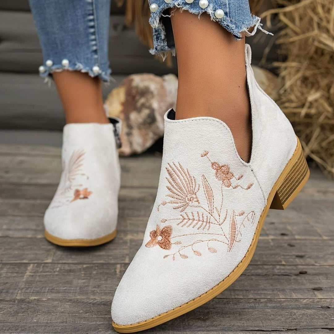 Women's Embroidered Low-Heel Pointed-Toe Ankle Boots, Multicolor - White
