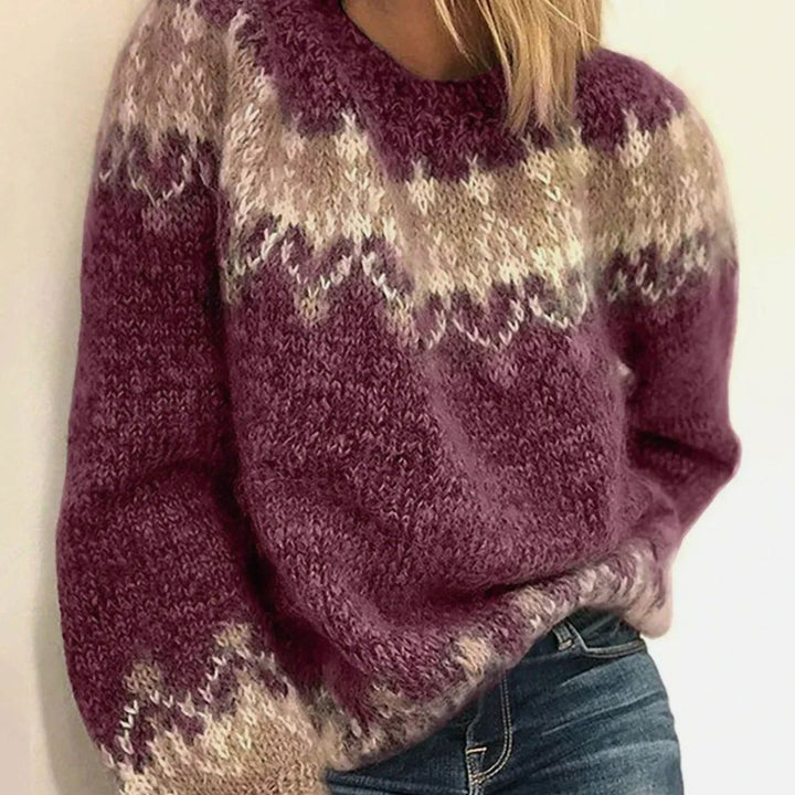 Women's Fair Isle Round Neck Winter Sweater Fluffy Knit Pullover - Red
