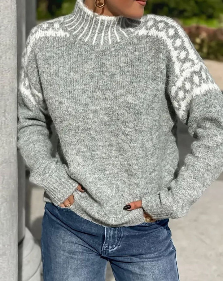 Women's Fair Isle Turtleneck Relaxed-Fit Knit Sweater - Gray