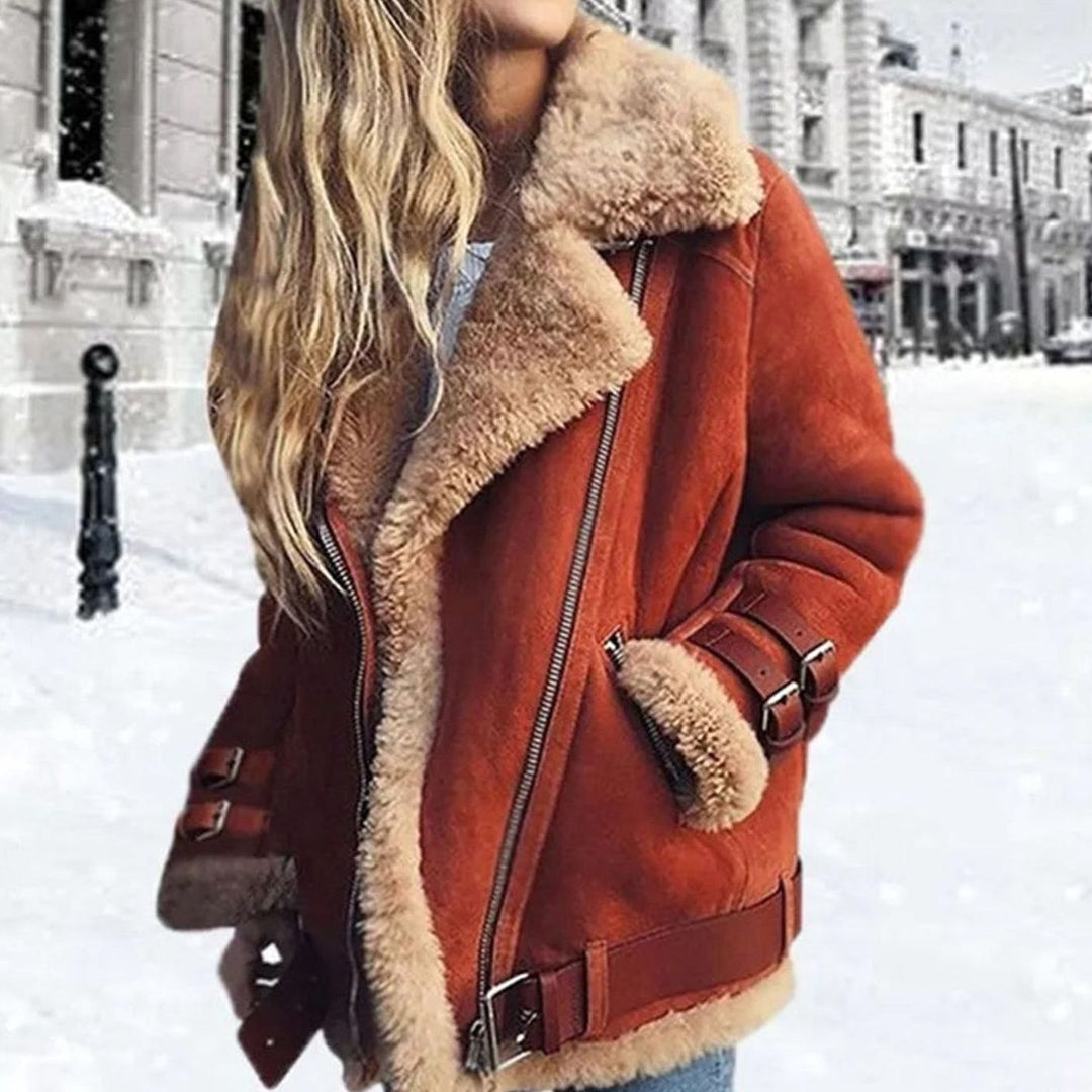 Women's Faux Fur Lined Suede Oversized Moto Jacket - Orange