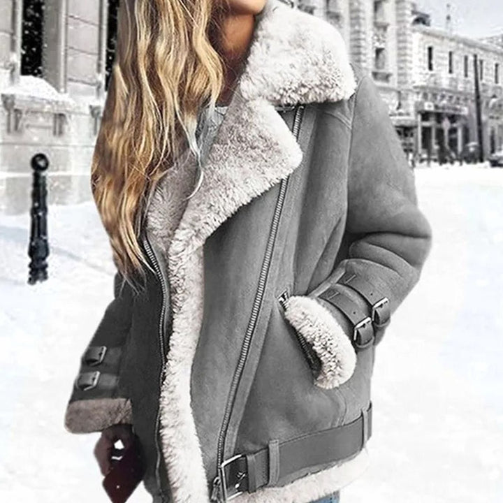 Women's Faux Fur Lined Suede Oversized Moto Jacket - Grey