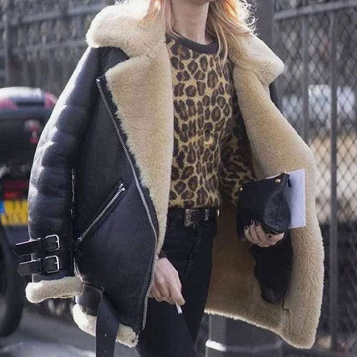 Women's Faux Fur Lined Suede Oversized Moto Jacket - Black