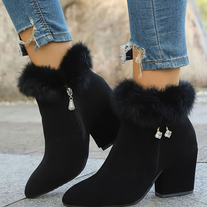 Women's Faux-Fur Trim Block-Heel Winter Ankle Boots - Black