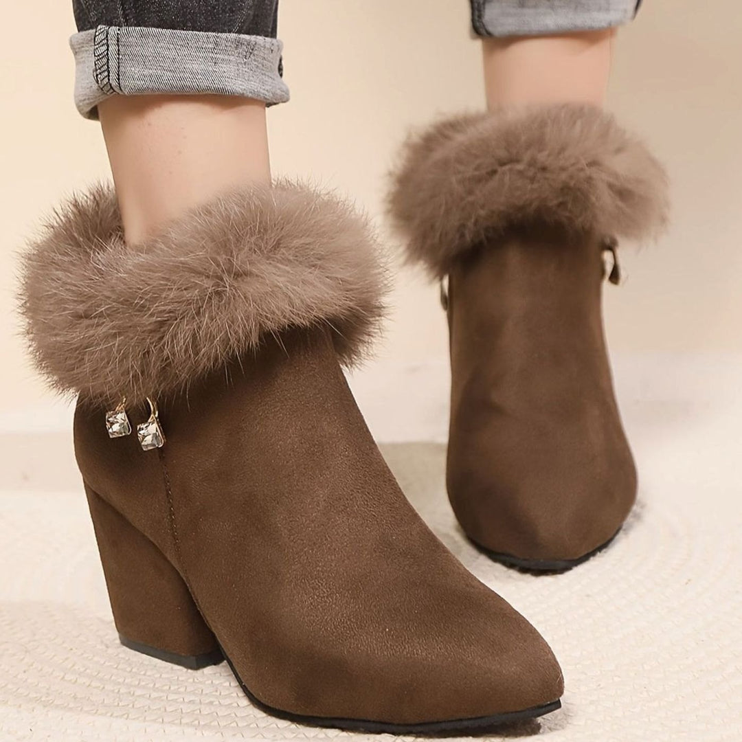 Women's Faux-Fur Trim Block-Heel Winter Ankle Boots - Dark Brown