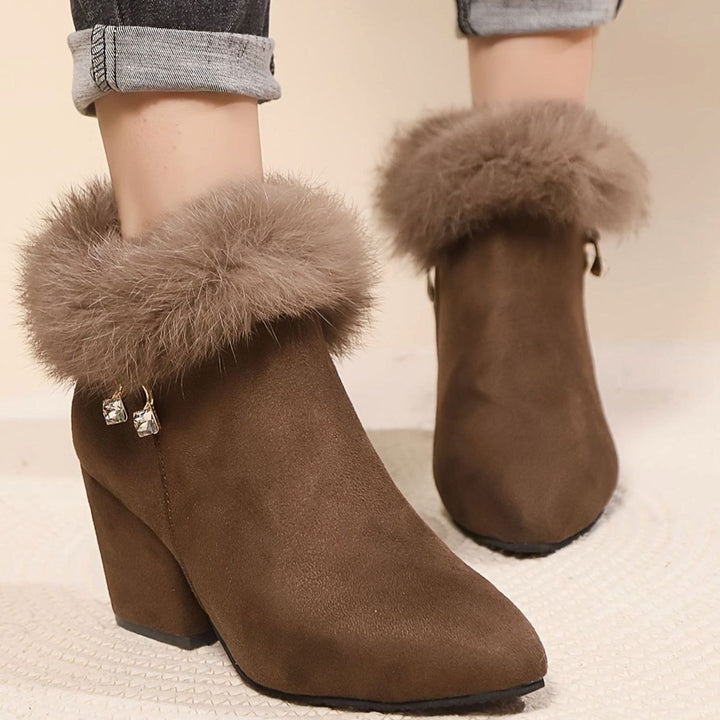 Women's Faux-Fur Trim Block-Heel Winter Ankle Boots - Dark Brown