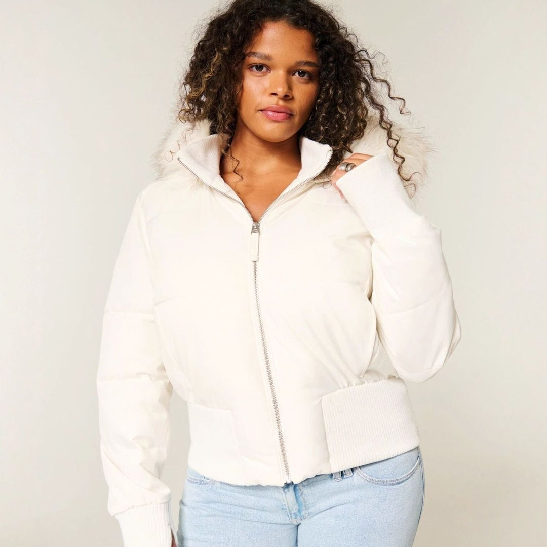 Women's Faux Fur Trim Cropped Puffer Hooded Jacket