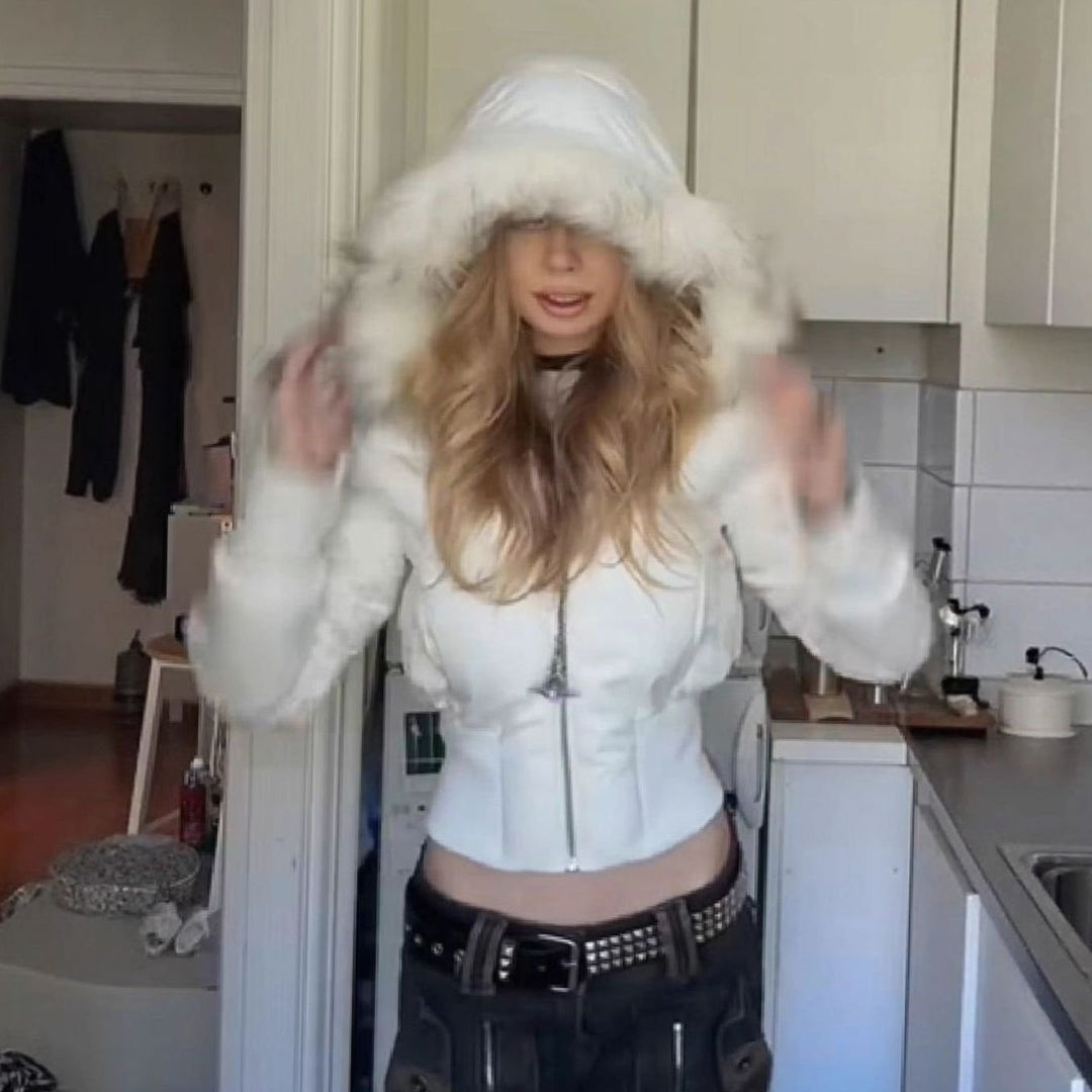 Women's Faux Fur Trim Cropped Puffer Hooded Jacket