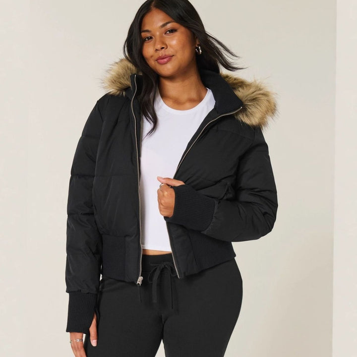Women's Faux Fur Trim Cropped Puffer Hooded Jacket