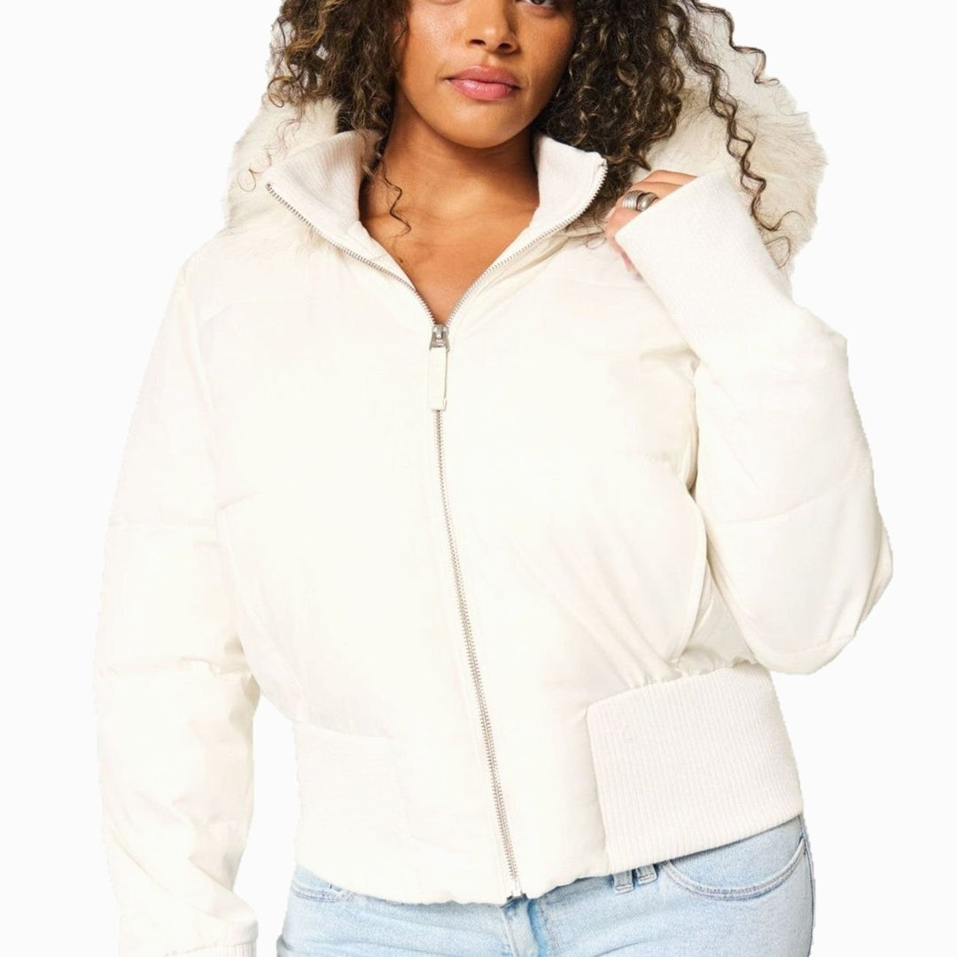 Women's Faux Fur Trim Cropped Puffer Hooded Jacket