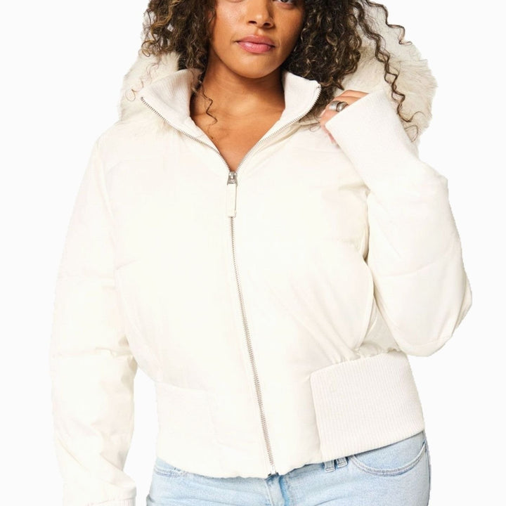 Women's Faux Fur Trim Cropped Puffer Hooded Jacket