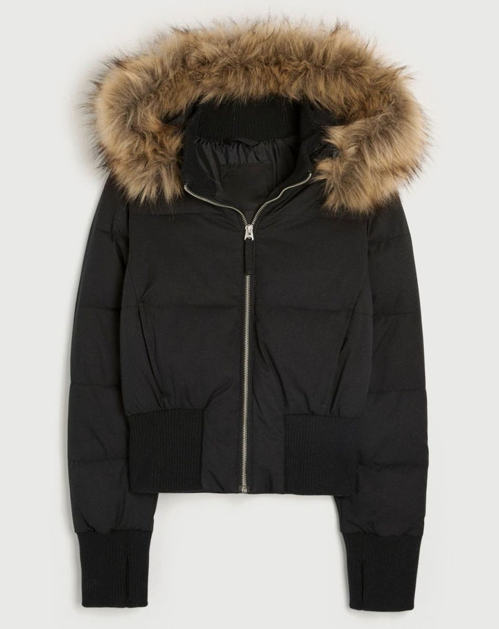 Women's Faux Fur Trim Cropped Puffer Hooded Jacket - Black
