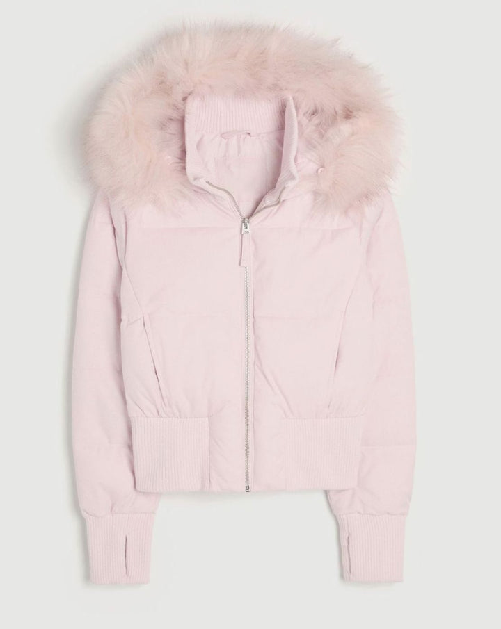 Women's Faux Fur Trim Cropped Puffer Hooded Jacket - Pink