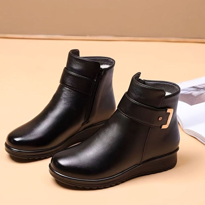 Women's Faux Leather Fleece-Lined Buckle Winter Ankle Boots