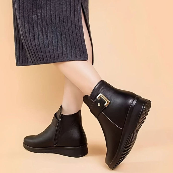 Women's Faux Leather Fleece-Lined Buckle Winter Ankle Boots