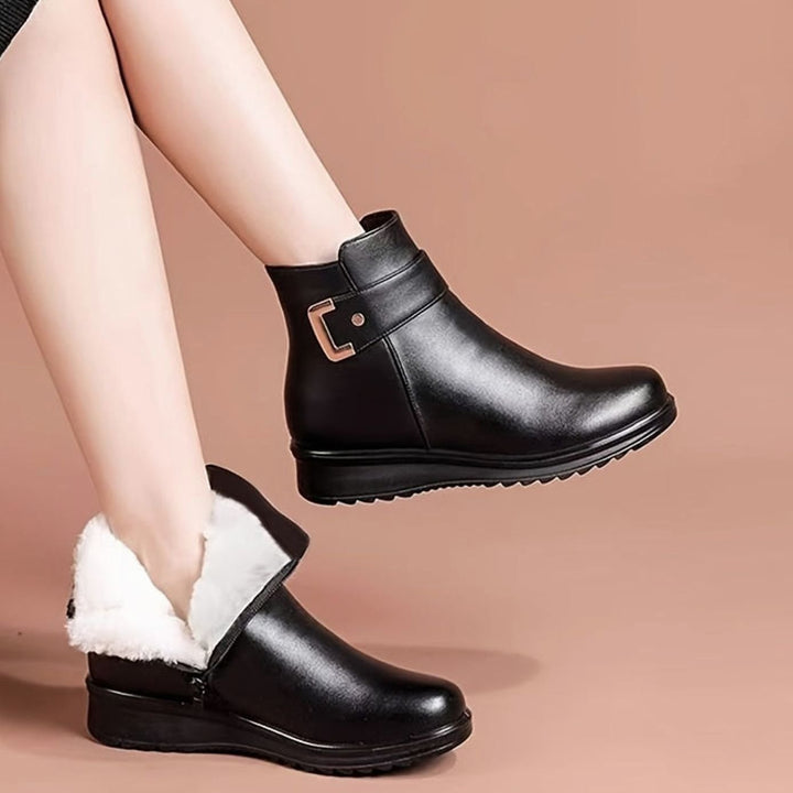 Women's Faux Leather Fleece-Lined Buckle Winter Ankle Boots
