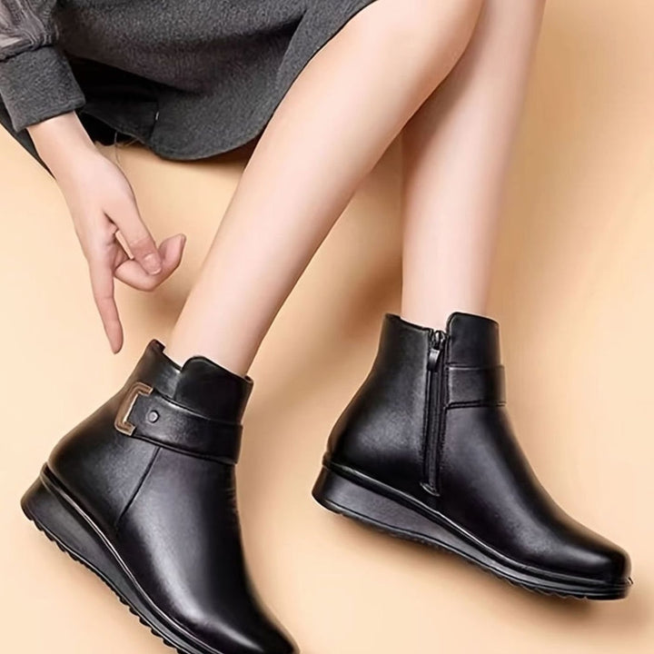 Women's Faux Leather Fleece-Lined Buckle Winter Ankle Boots