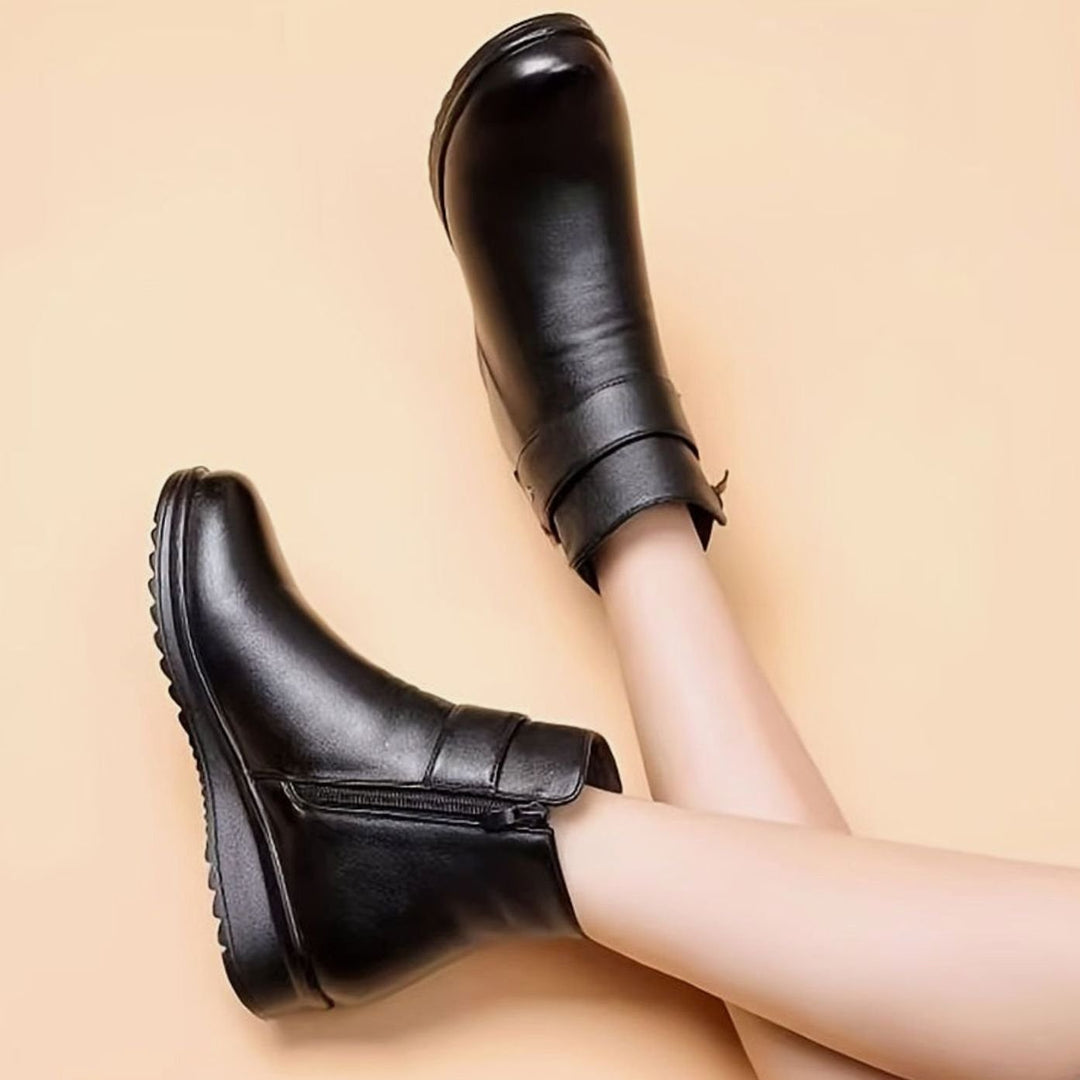 Women's Faux Leather Fleece-Lined Buckle Winter Ankle Boots