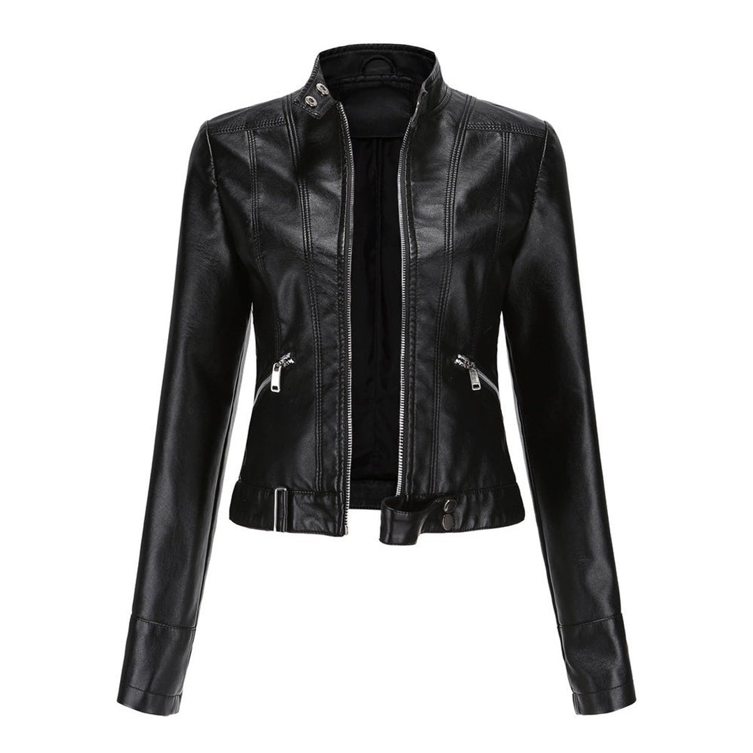 Women's Faux Leather Jacket Moto Biker Stand-Collar Zip-Up - Black