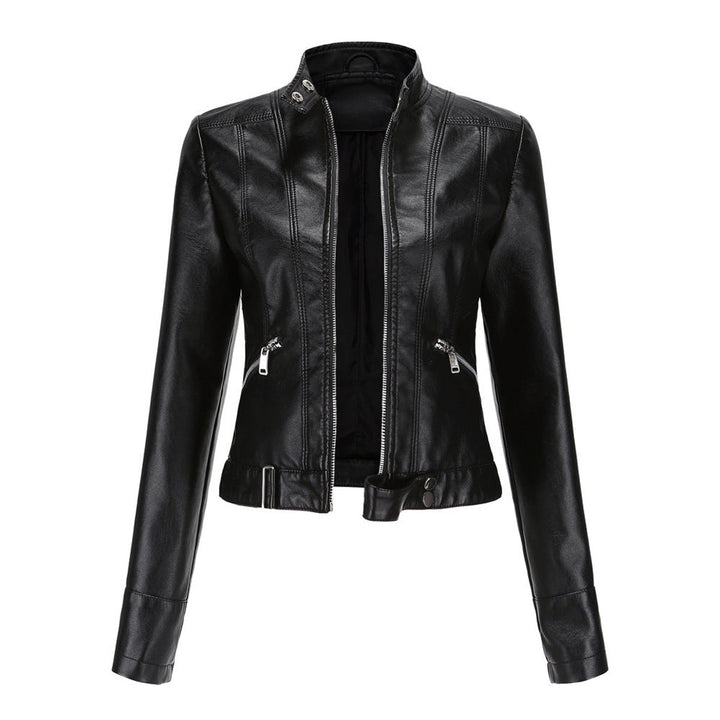 Women's Faux Leather Jacket Moto Biker Stand-Collar Zip-Up - Black